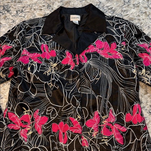 Chicos | Tamatha Silk Blend Jacket Floral Embroidered in Black Size M Medium - Picture 4 of 12